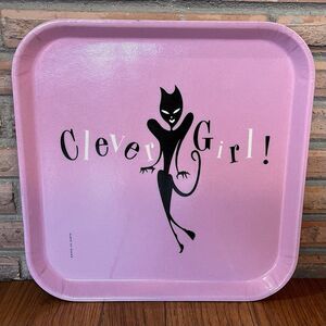 Vintage MCM Atomic Style Pink Clever Girl Cat Camtray 13x13 Cambro Tray
